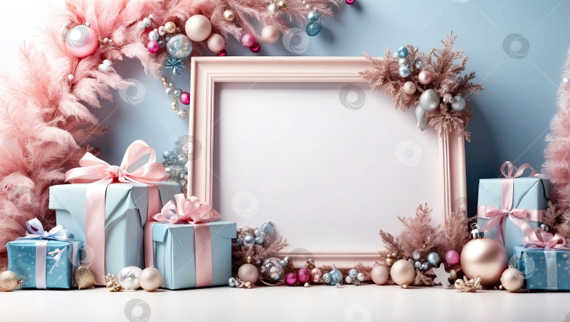 Скачать Нежные голубые и розовые тона украшают рождественскую елку и подарочные коробки на белом фоне. Поздравительная открытка на Рождество и Новый год с местом для копирования и макетом. Сгенерирована искусственным интеллектом фотосток Ozero