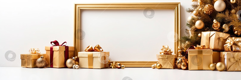 Скачать Рождественская елка с золотым декором и подарочные коробки на белом фоне. Поздравительная открытка на Рождество и Новый год с местом для копирования и макетом. Сгенерированная искусственным интеллектом фотосток Ozero