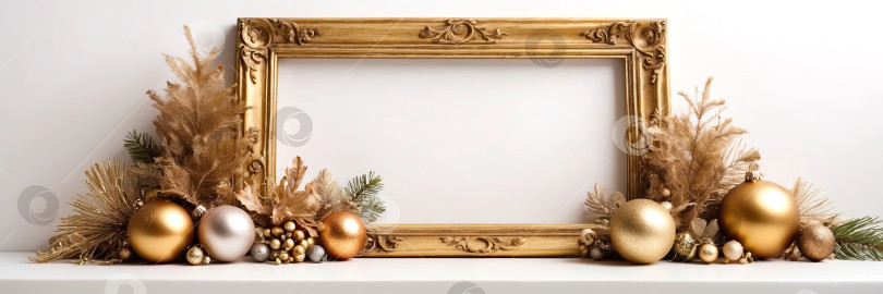 Скачать Рождественская елка с золотым декором и подарочные коробки на белом фоне. Поздравительная открытка на Рождество и Новый год с местом для копирования и макетом. Сгенерированная искусственным интеллектом фотосток Ozero