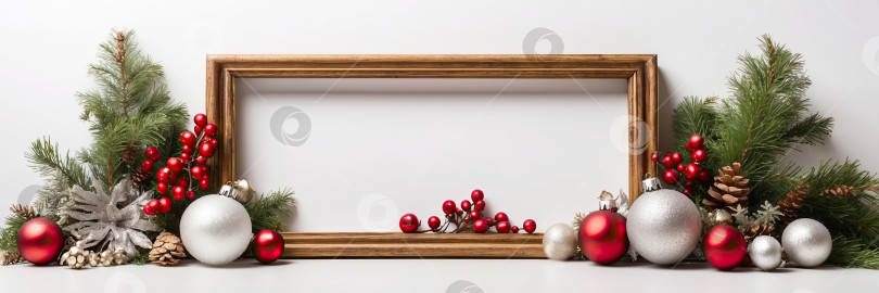 Скачать Традиционный рождественский декор в красном и зеленом обрамлении на белом фоне. Поздравительная открытка на Рождество и Новый год с местом для копирования и макетом. Сгенерированная искусственным интеллектом фотосток Ozero