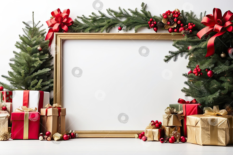 Скачать Традиционное обрамление рождественской елки и подарочных коробок на белом фоне. Поздравительная открытка на Рождество и Новый год с местом для копирования и макетом. Сгенерированная искусственным интеллектом фотосток Ozero