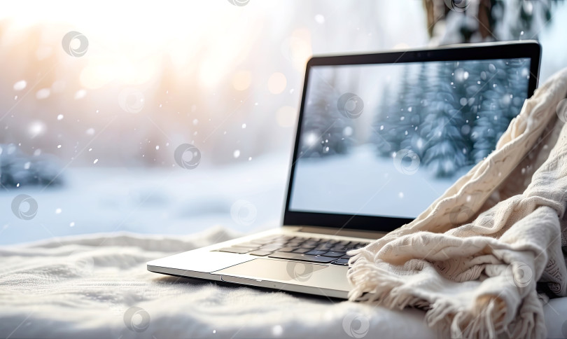 Скачать Ноутбук с обоями с зимним пейзажем на открытом воздухе в снегу с уютным одеялом во время снегопада. Сезонная удаленная работа, Интернет, шоппинг, Рождество и Новый год. Искусственный интеллект сгенерирован фотосток Ozero