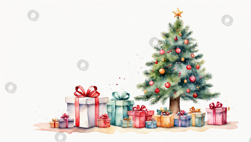 Скачать Нарисуйте акварелью рождественскую елку и подарочные коробки на белом фоне. Поздравительная открытка на Рождество и Новый год с местом для копирования. Сгенерированная искусственным интеллектом фотосток Ozero