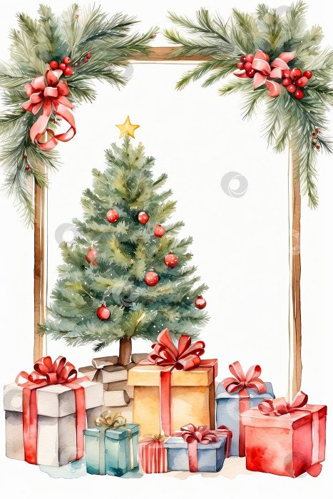 Скачать Акварель, обрамляющая рождественскую елку и подарочные коробки на белом фоне. Поздравительная открытка на Рождество и Новый год с местом для копирования. Сгенерированная искусственным интеллектом фотосток Ozero