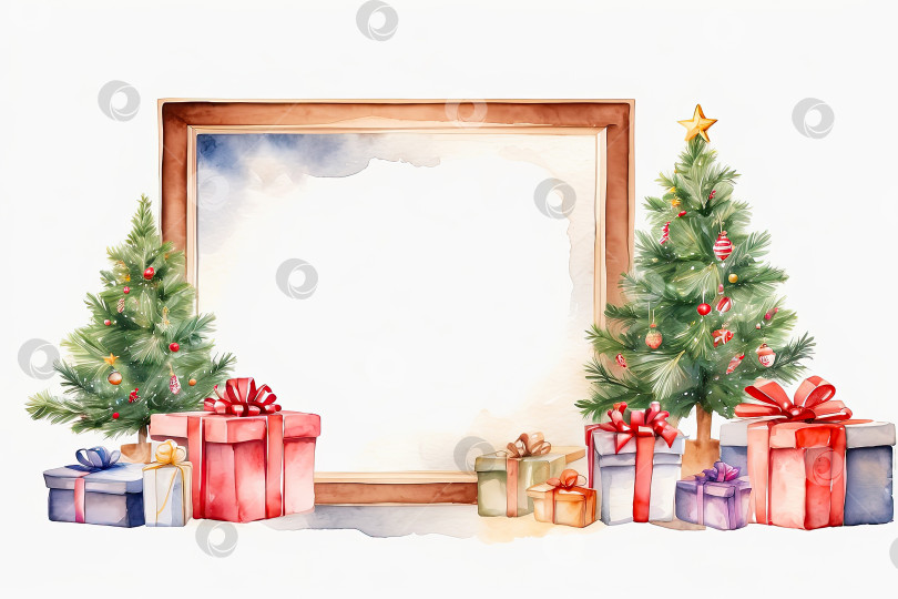 Скачать Акварель, обрамляющая рождественскую елку и подарочные коробки на белом фоне. Поздравительная открытка на Рождество и Новый год с местом для копирования. Сгенерированная искусственным интеллектом фотосток Ozero