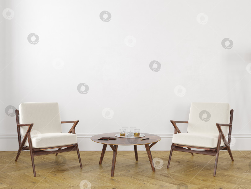 Скачать Белая пустая комната с креслами и столом. макет 3d-рендера. фотосток Ozero