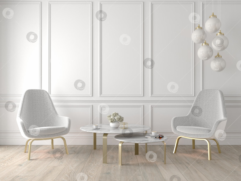 Скачать Современный классический интерьер с креслами, лампой, столом, стеновыми панелями и деревянным полом. макет иллюстрации с 3d-рендерингом. фотосток Ozero