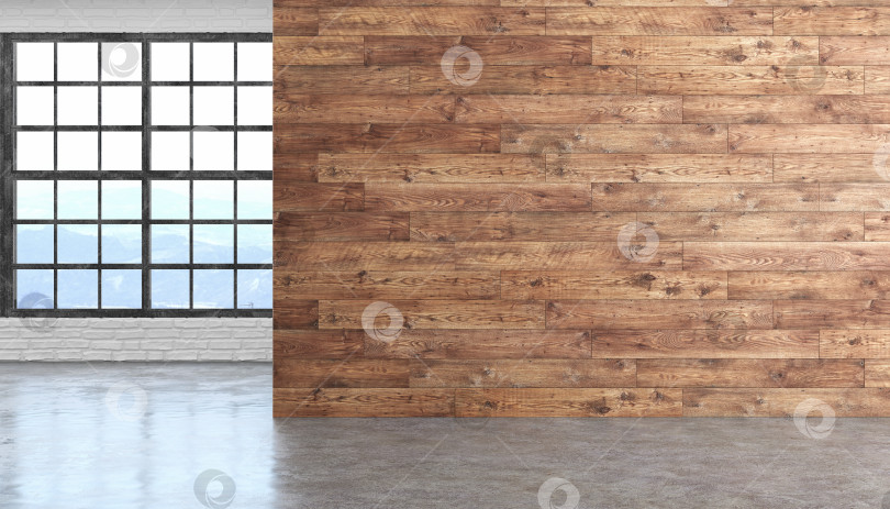 Скачать Интерьер пустой комнаты в стиле лофт из дерева с бетонным полом, окном и кирпичной стеной. фотосток Ozero