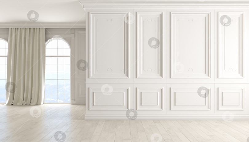 Скачать Классический пустой интерьер с белыми стенами, деревянным полом, окном и занавеской. Иллюстрация 3D-рендеринга. фотосток Ozero