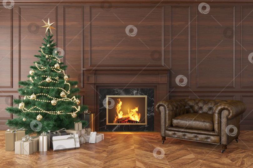 Скачать Классический интерьер с рождественской елкой, камином, креслом для отдыха, деревянными стеновыми панелями, деревянным полом. макет 3d-рендеринга иллюстрации. фотосток Ozero