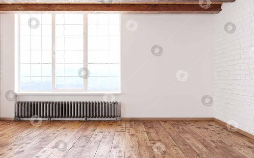 Скачать Интерьер пустой комнаты в стиле лофт с большим окном, белыми стенами, кирпичом, деревянными балками и полом. фотосток Ozero