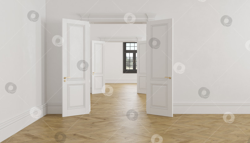 Скачать Классический скандинавский белый пустой интерьер с открытыми дверями, паркетом и окном. макет иллюстрации с 3d-рендерингом. фотосток Ozero