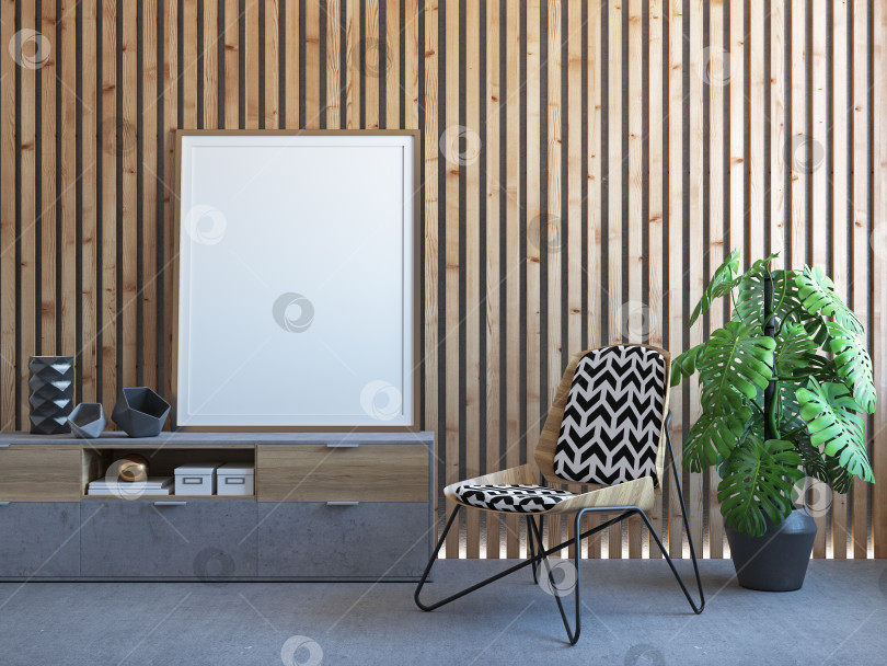 Скачать Интерьер с деревянными рейками на стене, комодом, растением, стулом. макет иллюстрации для 3d-рендеринга. фотосток Ozero