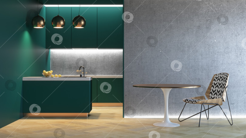 Скачать Кухня в зеленом минималистичном интерьере. макет иллюстрации для 3d-рендеринга. фотосток Ozero