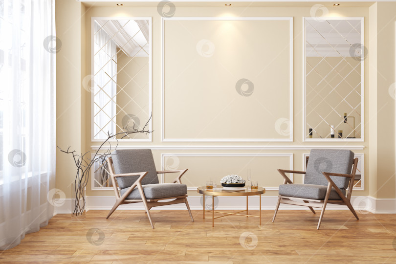 Скачать Классический бежевый современный интерьер пустой комнаты с креслами для отдыха. фотосток Ozero