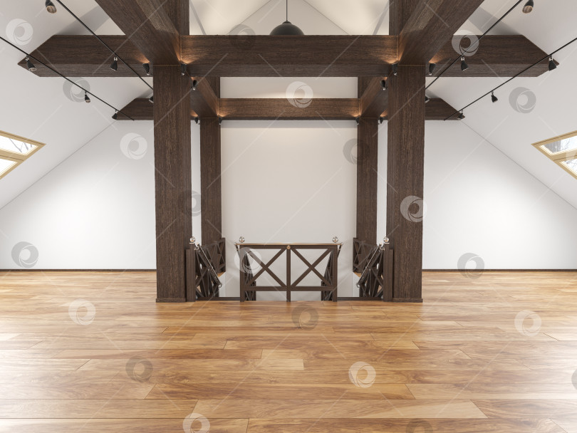 Скачать Мансарда лофт - открытое пространство с пустым интерьером с балками, окнами, лестницей, деревянным полом. фотосток Ozero
