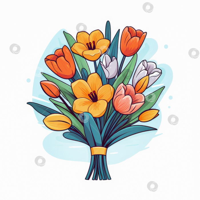 Скачать Графическое изображение букета весенних тюльпанов на синем фоне. Простая иконка цветочного букета. Иллюстрация, созданная искусственным интеллектом фотосток Ozero