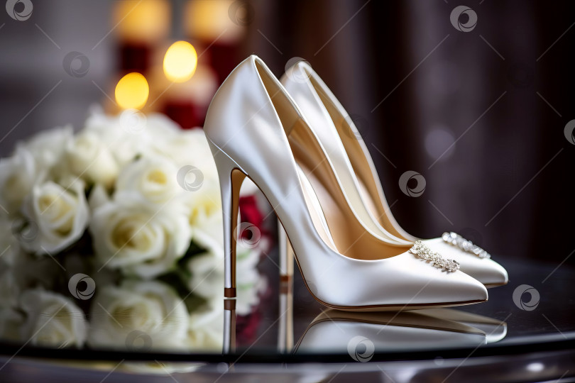 Скачать Изящные элегантные туфли к свадебному платью невесты лежат на туалетном столике. Искусственный интеллект сгенерирован. фотосток Ozero