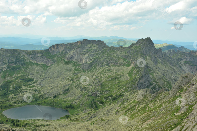 Скачать Вид сверху на живописное озеро, окруженное высокими склонами скалистых гор, под облачным летним небом. фотосток Ozero