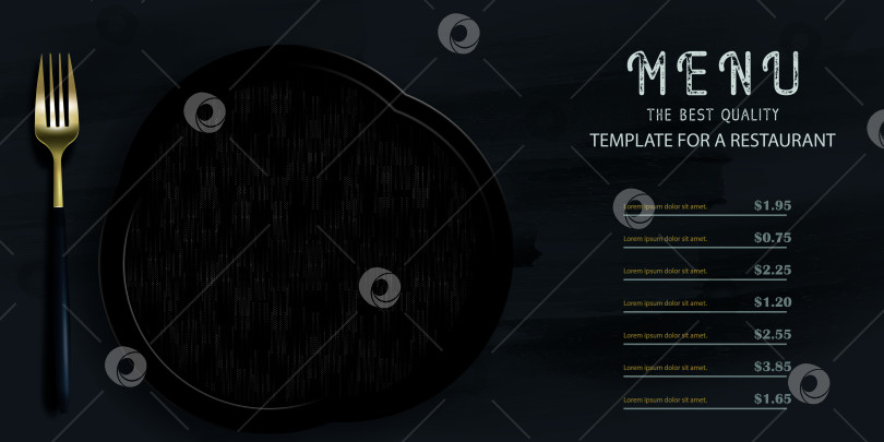 Скачать Реалистичные 3D золотые вилка и ложка на черном фоне в стиле гранж. Модный современный плакат для ресторана. Векторная иллюстрация с видом сверху. фотосток Ozero