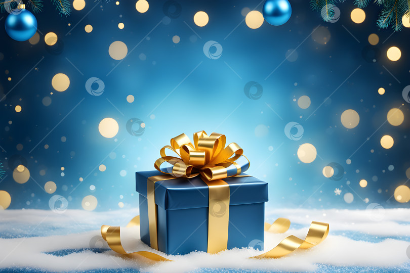 Скачать светло-голубой подарок с золотой лентой на праздничном новогоднем синем фоне с эффектом боке фотосток Ozero