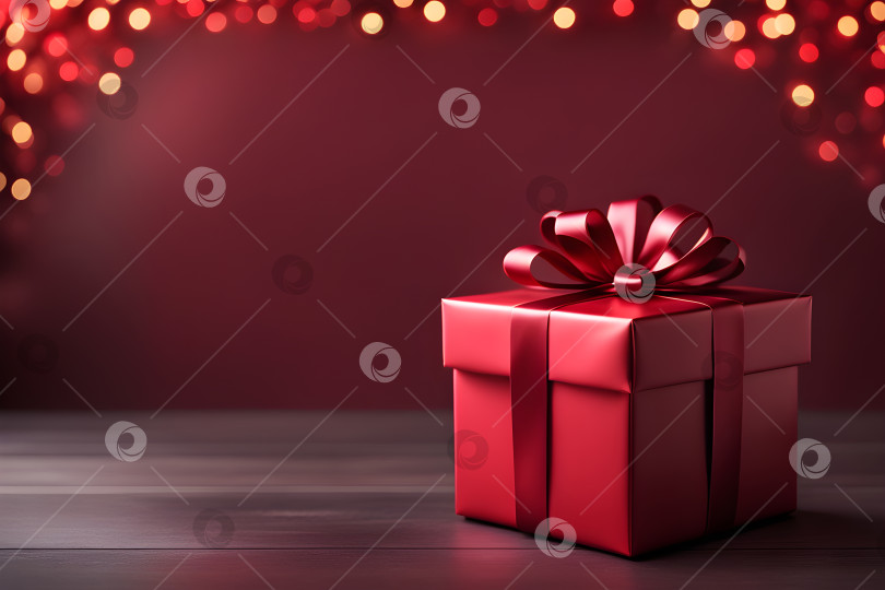 Скачать красный подарок с красной лентой на праздничном новогоднем фоне с эффектом боке фотосток Ozero