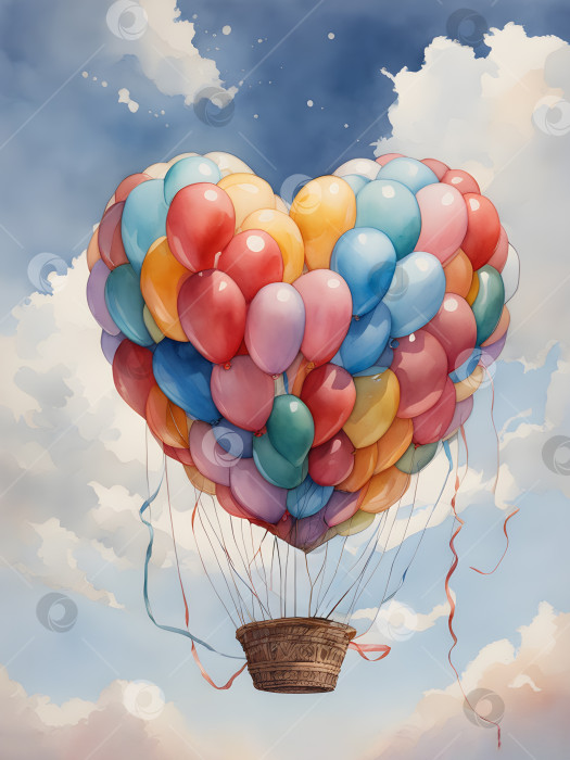 Скачать акварельный разноцветный радужный аэростат в форме сердца на воздушном шаре в прекрасном небе фотосток Ozero
