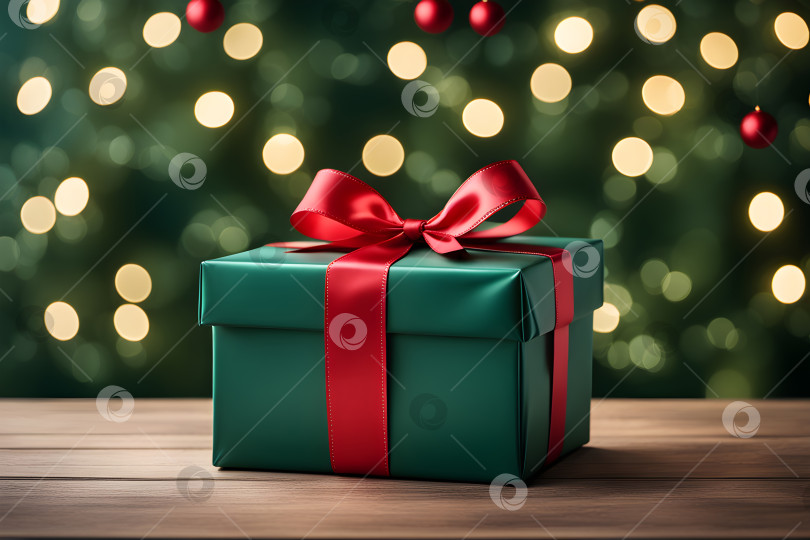 Скачать зеленый подарок с красным бантом на праздничном рождественском фоне с эффектом боке фотосток Ozero