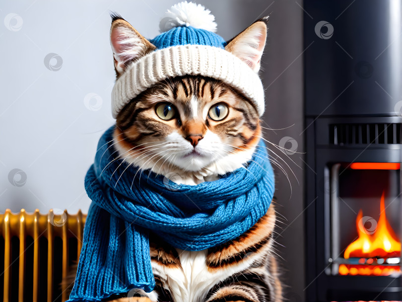 Скачать милый кот в теплом шарфе и зимней шапке греется дома у радиатора и камина фотосток Ozero