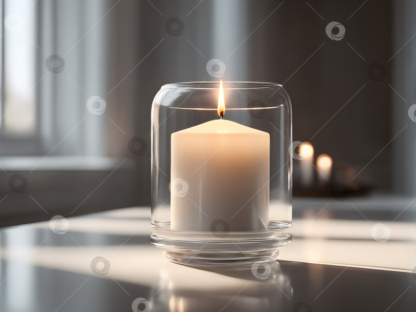 Скачать уютная свеча в стеклянной банке на столе в интерьере фотосток Ozero