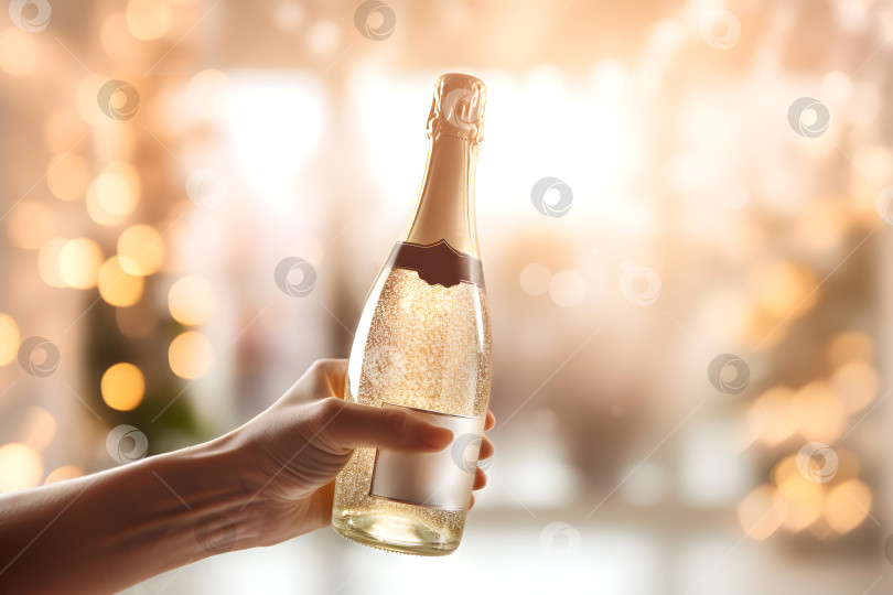 Скачать Рука, протягивающая бутылку шампанского на фоне теплого светлого боке. Золотистые пузырьки в бутылке шампанского на праздничном фоне. Праздничный тост с бутылкой игристого шампанского фотосток Ozero