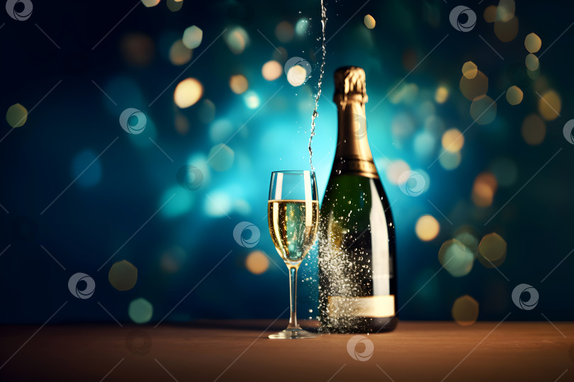 Скачать Бутылка шампанского с плеском открывается рядом с полным бокалом, бирюзовый фон боке. Праздничное шампанское, брызжущее из бутылки, время вечеринки. Игристое шампанское наливают и разбрызгивают, концепция празднования фотосток Ozero