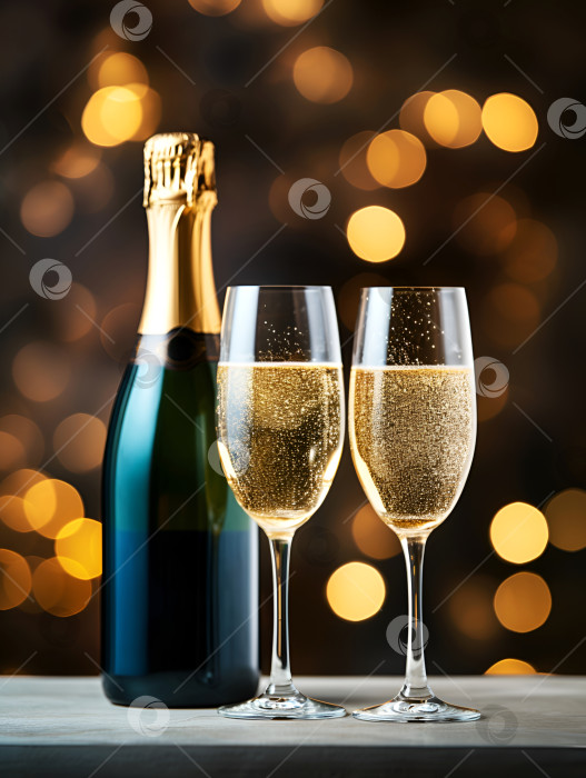 Скачать Золотой баннер с шампанским, праздничные огни. Два бокала шампанского готовы для тостов за день рождения, Новый год и Рождество. Бокалы и бутылка с праздничным боке для торжества, элегантности, успеха фотосток Ozero