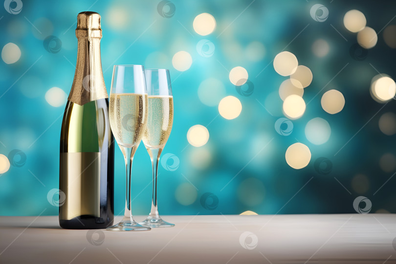 Скачать Праздничные бокалы для шампанского и бутылка на фоне золотого боке, идеально подходящие для тостов за особые моменты жизни. Праздничный баннер со свободным пространством в качестве шаблона для Рождества, Нового года, Дня рождения фотосток Ozero