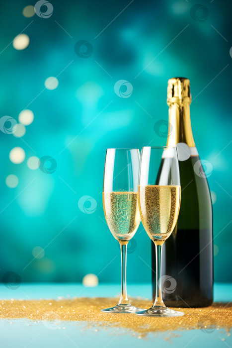Скачать Два бокала с искрящимися пузырьками и роскошная бутылка на сверкающем столе на фоне бирюзового боке. Праздничный фон с бутылкой шампанского и двумя элегантными бокалами, наполненными игристым вином фотосток Ozero