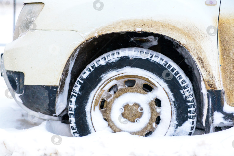 Скачать Метель, заснеженная улица и автомобильное колесо в выборочном фокусе в сугробе, покрытом снегом зимой. Крупный план. фотосток Ozero