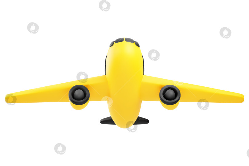 Скачать Симпатичный 3D-мультяшный желтый и черный взлетающий самолет, изолированный на белом фоне, Вид снизу. Для рекламы путешествий или концепции коммерческой авиации. Векторная иллюстрация 3D-рендера. фотосток Ozero
