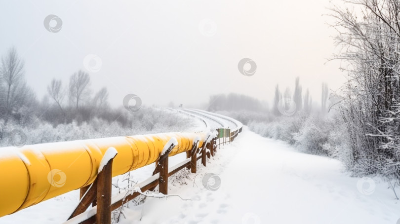 Скачать Желтый газопровод в снежном зимнем пейзаже, транспортировка водорода под давлением фотосток Ozero