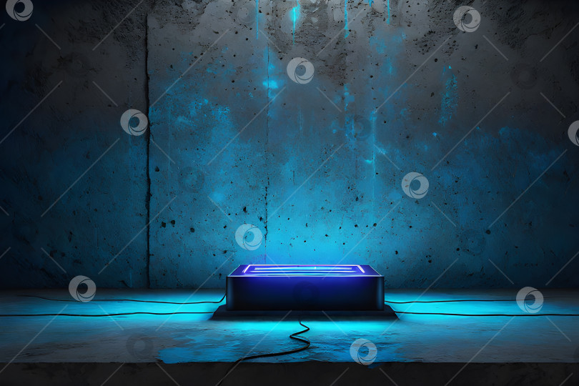 Скачать Сцена с синей рамкой посередине и голубым неоновым светом на поверхности бетонной стены фотосток Ozero