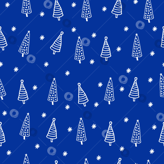 Скачать Бесшовный зимний узор с нарисованными от руки рождественскими елками на синем фоне. фотосток Ozero