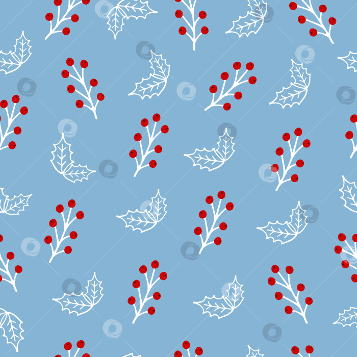 Скачать Бесшовный зимний узор на синем фоне с веточками красных ягод. фотосток Ozero