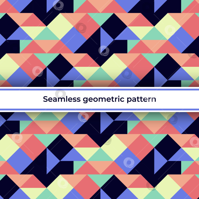 Скачать Геометрический современный узор бесшовный с удлиненными треугольными формами геометрическая рыба желтый фиолетовый коралл персик векторное изображение для современной ткани одежды фотосток Ozero