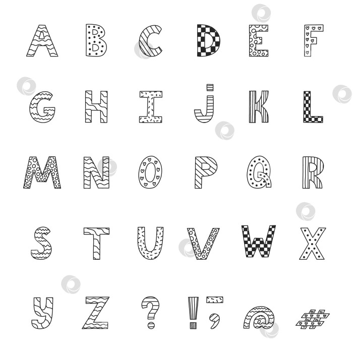 Скачать Симпатичный черно-белый алфавитный набор с изображением Мемфиса и нарисованным от руки контуром. Жирный каракульный шрифт с рисунком, запятая, тире, хэштег. Забавная латинская азбука с заглавными буквами, знаками препинания фотосток Ozero
