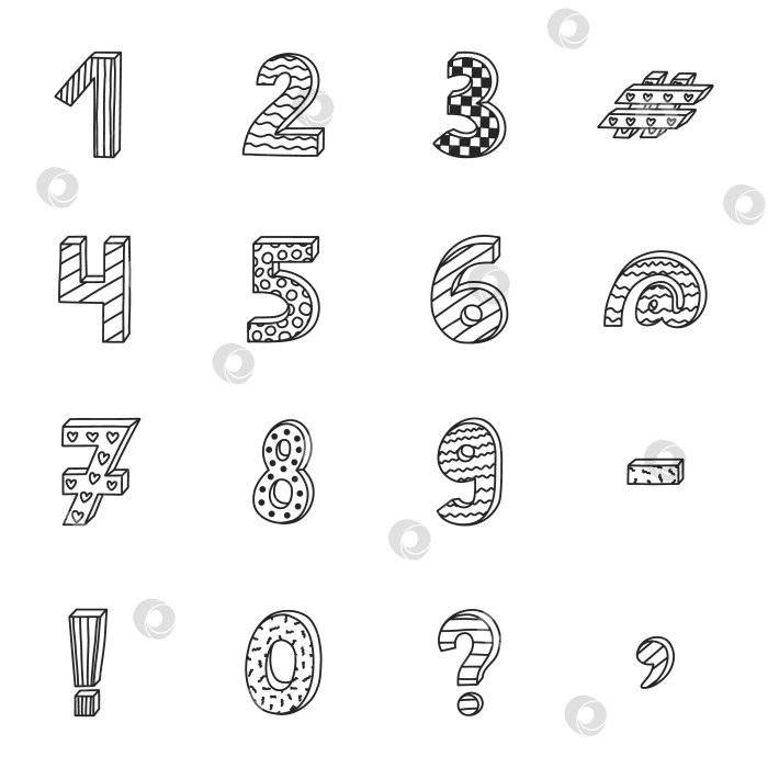 Скачать Набор 3d цифр Doodle funky с нарисованным от руки контуром и декором Мемфиса. Жирные символы с рисунком и тенью. Забавные цифры и знаки препинания для обложки, логотипа, шаблона дизайна, плаката фотосток Ozero
