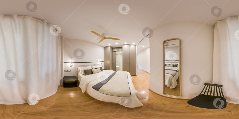 Скачать Большая кровать в гостиничном номере с занавесками, сферическая панорама на 360 градусов фотосток Ozero