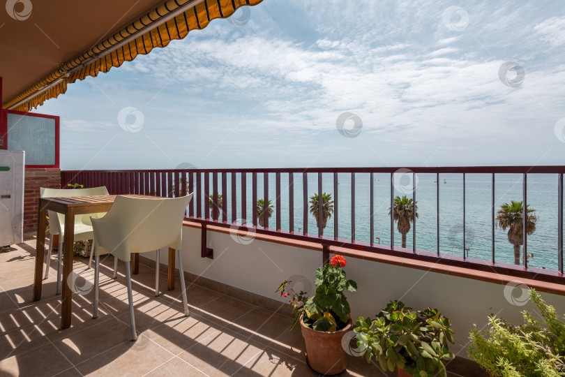 Скачать Уютная терраса с небольшим столиком и комнатными растениями на берегу моря фотосток Ozero