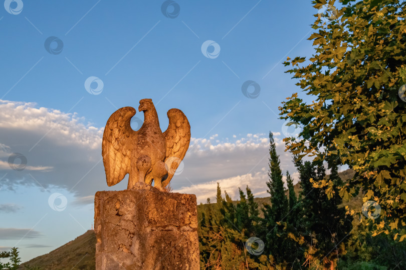 Скачать Каменная статуя орла на фоне голубого неба в сельской местности на закате. фотосток Ozero
