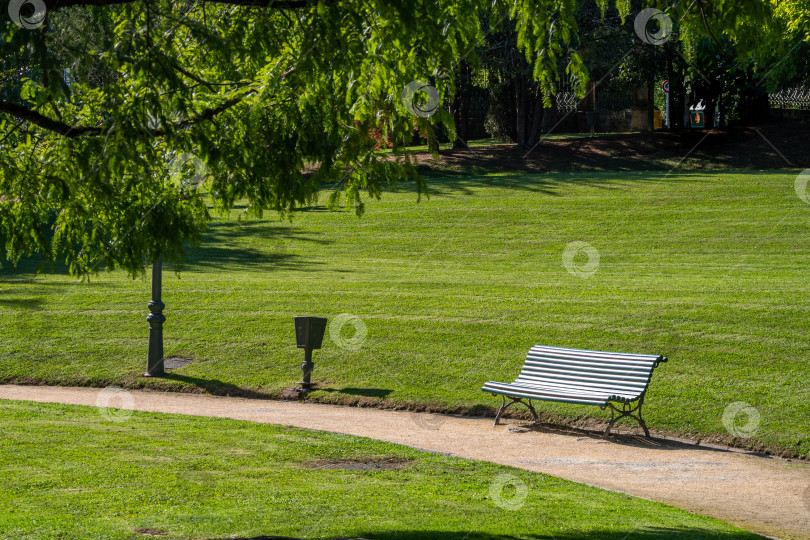 Скачать Деревянная решетчатая скамейка в зеленом парке с аккуратными газонами и редколесьями сбоку от дорожки фотосток Ozero