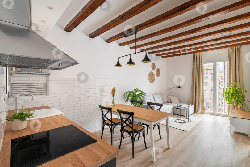 Скачать Стильная кухня и обеденная зона в современной квартире-студии фотосток Ozero