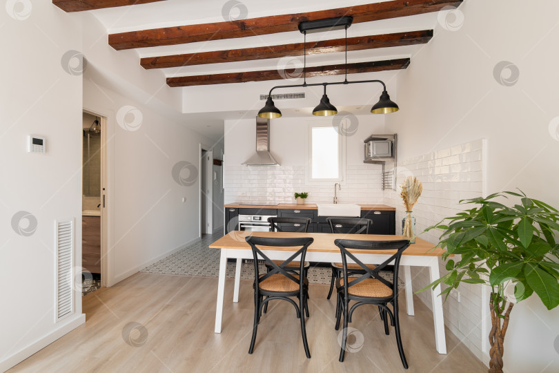 Скачать Обеденный стол в оборудованной кухне квартиры-студии фотосток Ozero